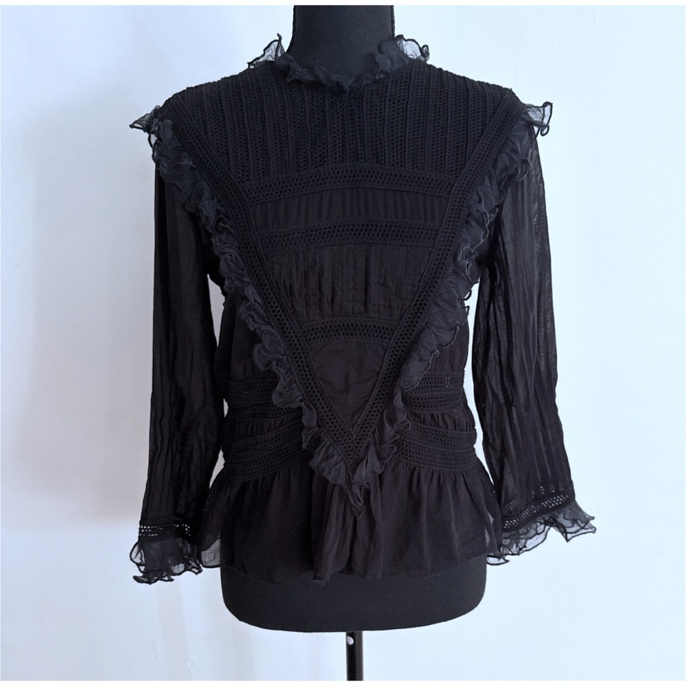EUC Doen Cassis Pintuck Prairie Victorian Ruffled Button Back Chiffon Blouse XS - Picture 2 of 10